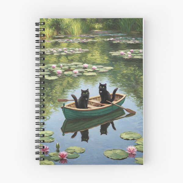 Item preview, Playful Rowboat Ride – Two Black Cats on Lily Pond – Monet Art Style designed and sold by Cherry Dreams.