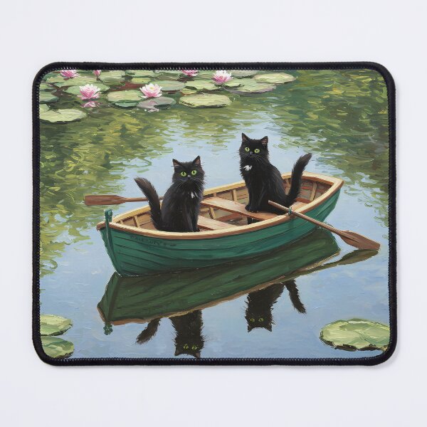 Item preview, Playful Rowboat Ride – Two Black Cats on Lily Pond – Monet Art Style designed and sold by Cherry Dreams.