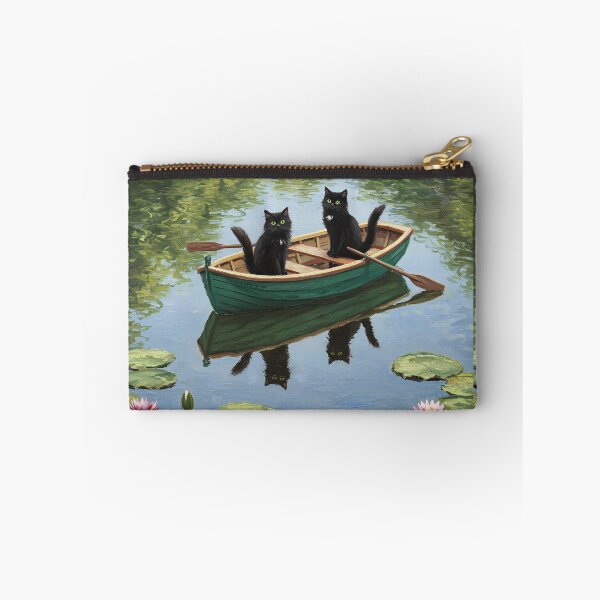 Item preview, Playful Rowboat Ride – Two Black Cats on Lily Pond – Monet Art Style designed and sold by Cherry Dreams.