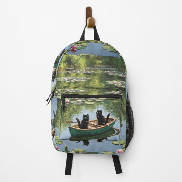 Item preview, Playful Rowboat Ride – Two Black Cats on Lily Pond – Monet Art Style designed and sold by Cherry Dreams.