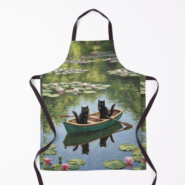 Item preview, Playful Rowboat Ride – Two Black Cats on Lily Pond – Monet Art Style designed and sold by Cherry Dreams.