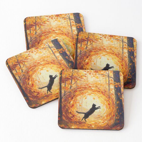 Item preview, Autumn Whirl – Black Cat Dancing in Falling Leaves – Monet Art Style designed and sold by Cherry Dreams.