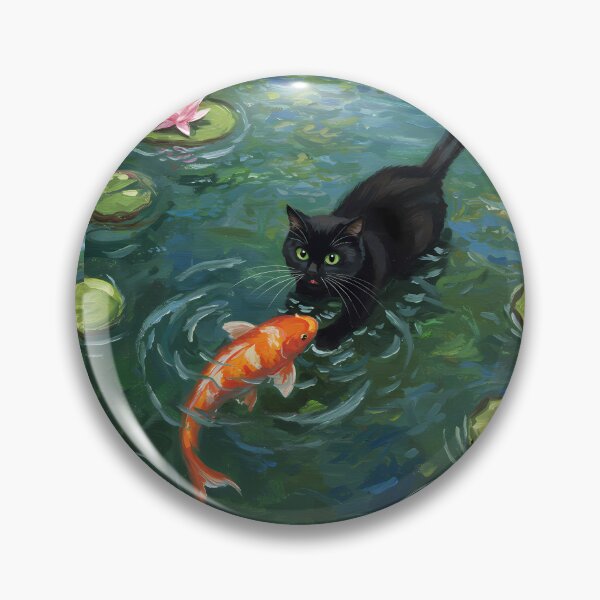 Item preview, Koi Curiosity – Black Cat in Water Garden – Monet Art Style designed and sold by Cherry Dreams.