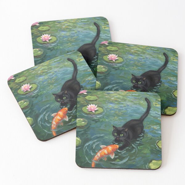 Item preview, Koi Curiosity – Black Cat in Water Garden – Monet Art Style designed and sold by Cherry Dreams.