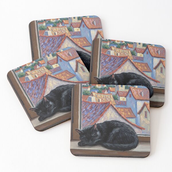 Item preview, Peaceful Nap – Black Cat on Village Windowsill – Monet Art Style designed and sold by Cherry Dreams.
