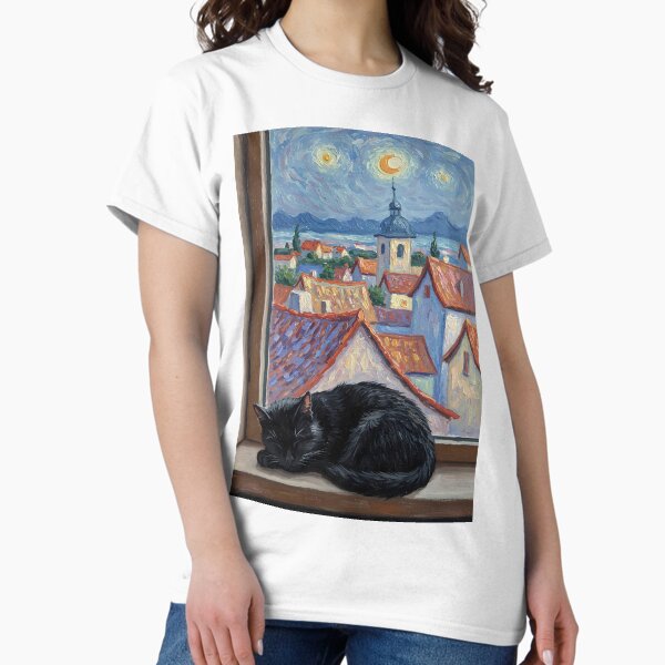 Item preview, Peaceful Nap – Black Cat on Village Windowsill – Monet Art Style designed and sold by Cherry Dreams.