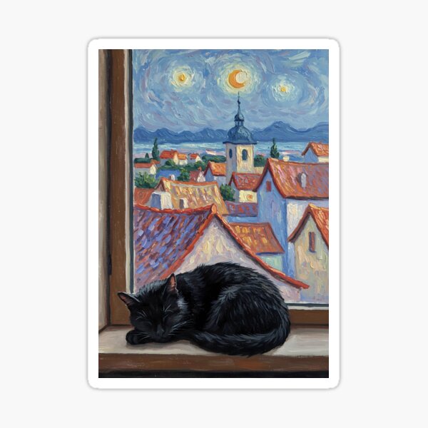 Item preview, Sieste paisible – Chat noir sur le rebord de la fenêtre du village – Style artistique de Monet designed and sold by Cherry Dreams.