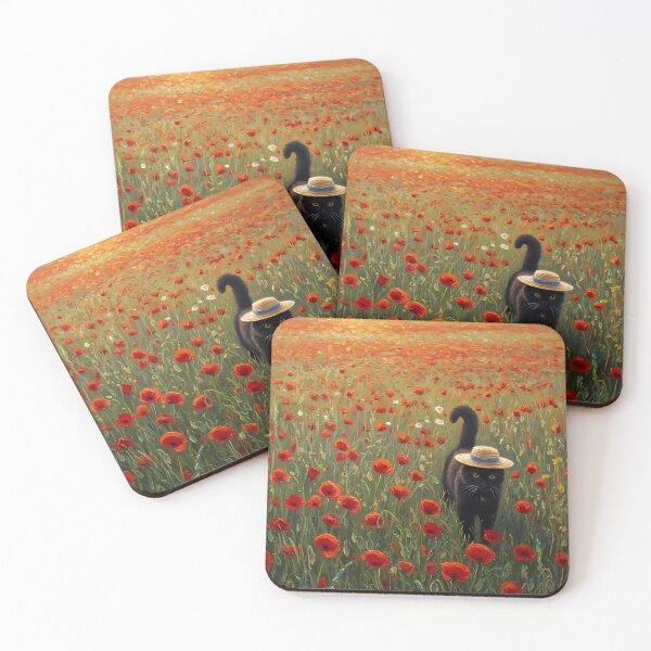Item preview, Straw Hat Stroll – Black Cat in Poppy Field – Monet Art Style designed and sold by Cherry Dreams.
