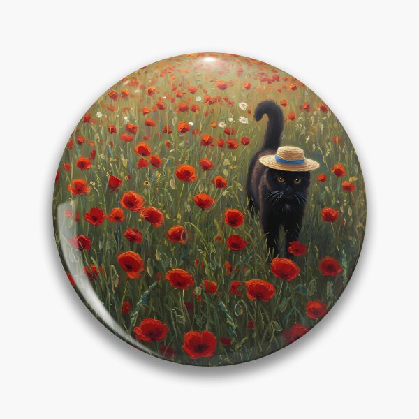 Item preview, Straw Hat Stroll – Black Cat in Poppy Field – Monet Art Style designed and sold by Cherry Dreams.