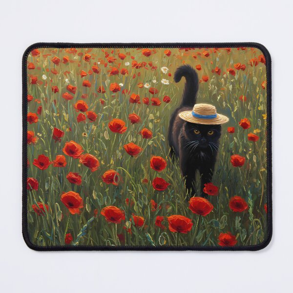 Item preview, Straw Hat Stroll – Black Cat in Poppy Field – Monet Art Style designed and sold by Cherry Dreams.