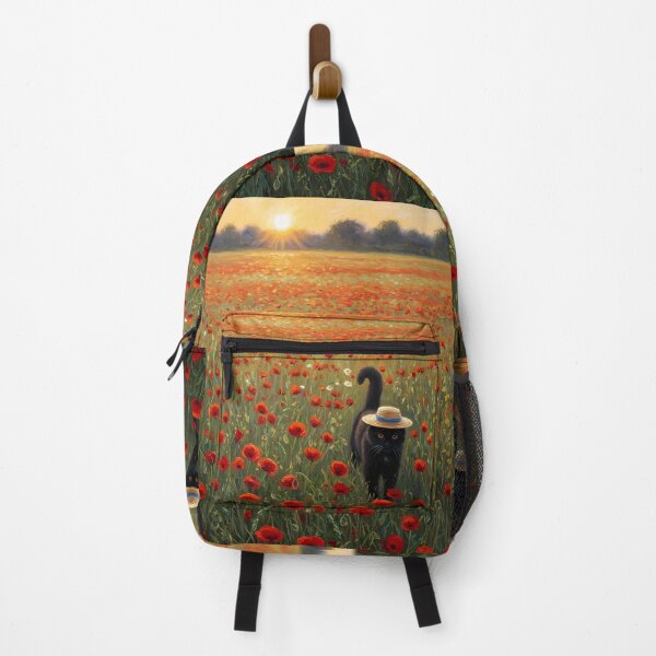 Item preview, Straw Hat Stroll – Black Cat in Poppy Field – Monet Art Style designed and sold by Cherry Dreams.