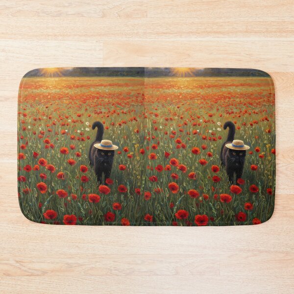 Item preview, Straw Hat Stroll – Black Cat in Poppy Field – Monet Art Style designed and sold by Cherry Dreams.