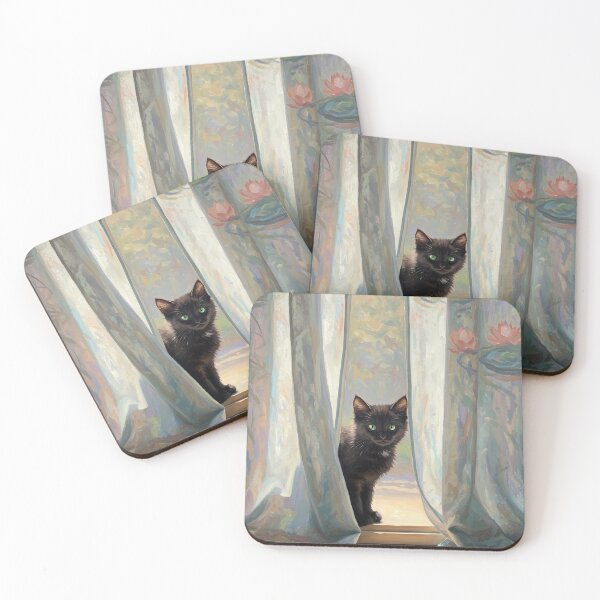 Item preview, Curtain Peek – Black Kitten in Sunlit Room – Monet Art Style designed and sold by Cherry Dreams.