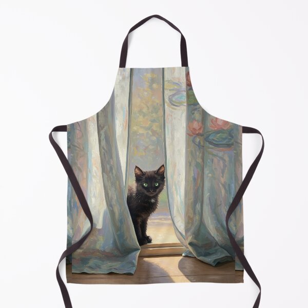 Item preview, Curtain Peek – Black Kitten in Sunlit Room – Monet Art Style designed and sold by Cherry Dreams.