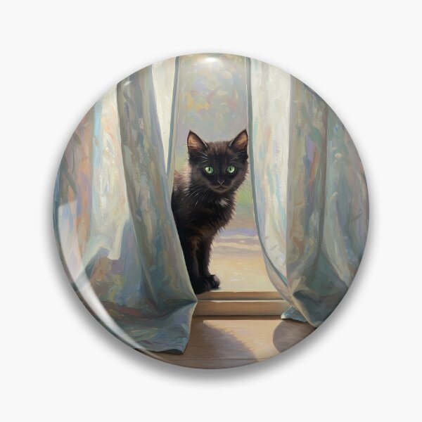 Item preview, Curtain Peek – Black Kitten in Sunlit Room – Monet Art Style designed and sold by Cherry Dreams.