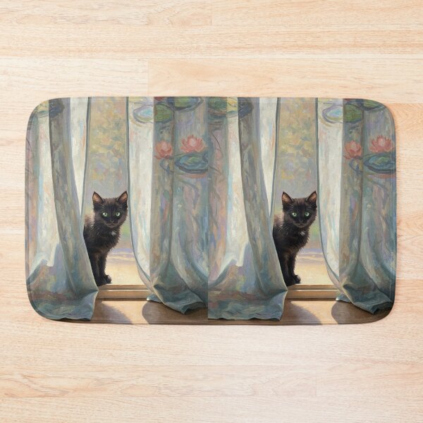 Item preview, Curtain Peek – Black Kitten in Sunlit Room – Monet Art Style designed and sold by Cherry Dreams.