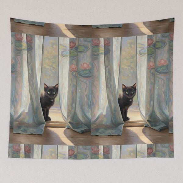 Item preview, Curtain Peek – Black Kitten in Sunlit Room – Monet Art Style designed and sold by Cherry Dreams.
