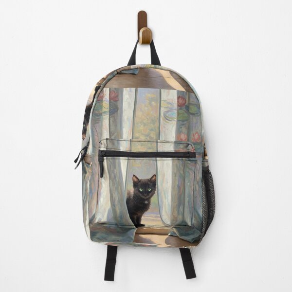 Item preview, Curtain Peek – Black Kitten in Sunlit Room – Monet Art Style designed and sold by Cherry Dreams.