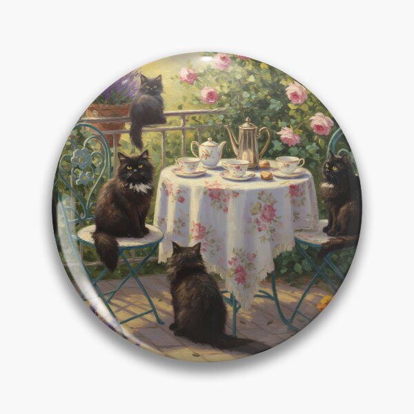 Item preview, Afternoon Tea – Fluffy Black Cats on Garden Terrace – Monet Art Style designed and sold by Cherry Dreams.