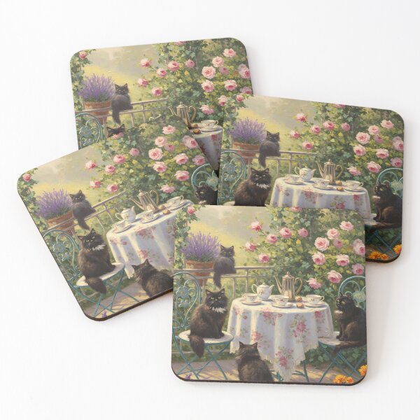 Item preview, Afternoon Tea – Fluffy Black Cats on Garden Terrace – Monet Art Style designed and sold by Cherry Dreams.