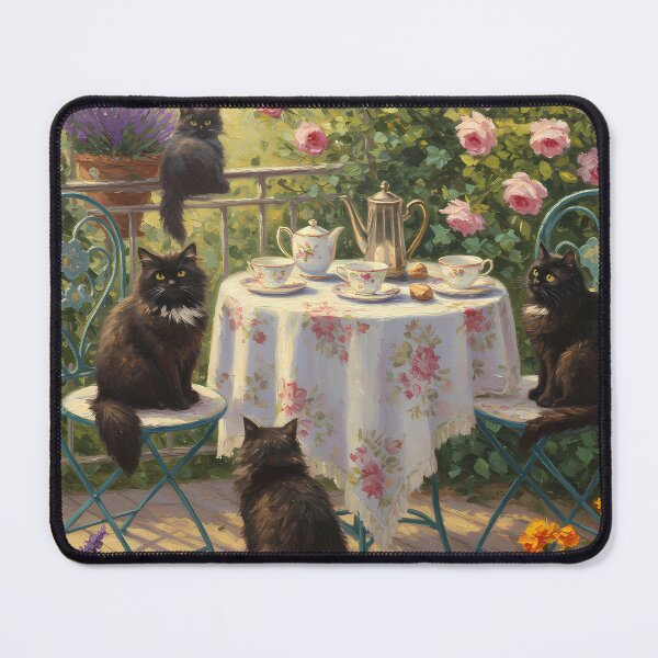 Item preview, Afternoon Tea – Fluffy Black Cats on Garden Terrace – Monet Art Style designed and sold by Cherry Dreams.
