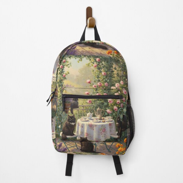 Item preview, Afternoon Tea – Fluffy Black Cats on Garden Terrace – Monet Art Style designed and sold by Cherry Dreams.