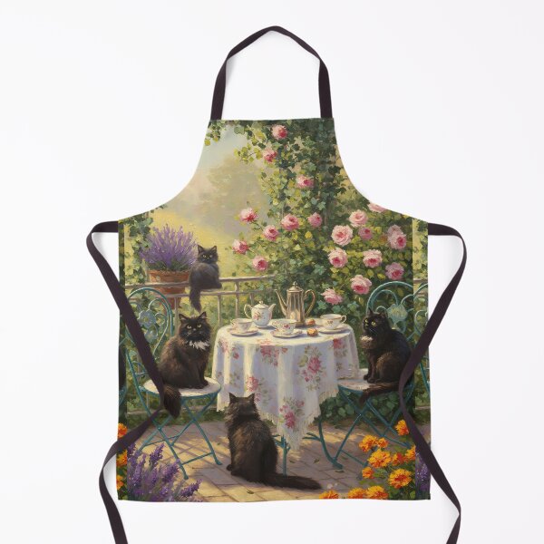 Item preview, Afternoon Tea – Fluffy Black Cats on Garden Terrace – Monet Art Style designed and sold by Cherry Dreams.