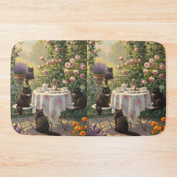 Item preview, Afternoon Tea – Fluffy Black Cats on Garden Terrace – Monet Art Style designed and sold by Cherry Dreams.
