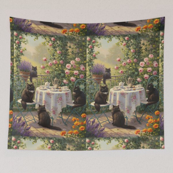 Item preview, Afternoon Tea – Fluffy Black Cats on Garden Terrace – Monet Art Style designed and sold by Cherry Dreams.