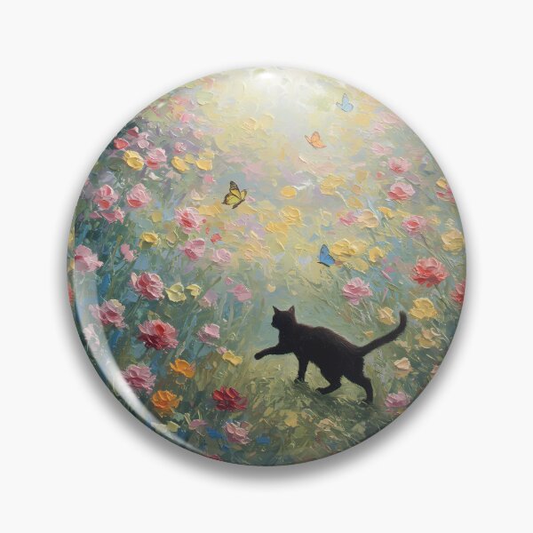 Item preview, Butterfly Chase – Black Cat in Blooming Garden – Monet Art Style designed and sold by Cherry Dreams.