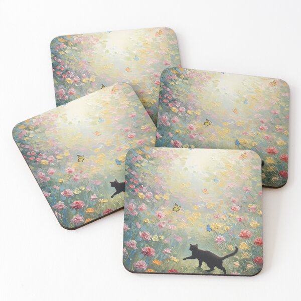 Item preview, Butterfly Chase – Black Cat in Blooming Garden – Monet Art Style designed and sold by Cherry Dreams.