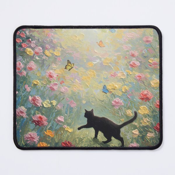 Item preview, Butterfly Chase – Black Cat in Blooming Garden – Monet Art Style designed and sold by Cherry Dreams.