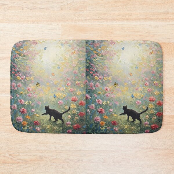 Item preview, Butterfly Chase – Black Cat in Blooming Garden – Monet Art Style designed and sold by Cherry Dreams.