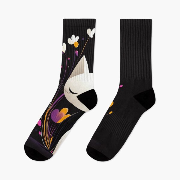 Item preview, Peaceful White Cat Surrounded by Colorful Flowers on Black designed and sold by PaintbrushPlace.