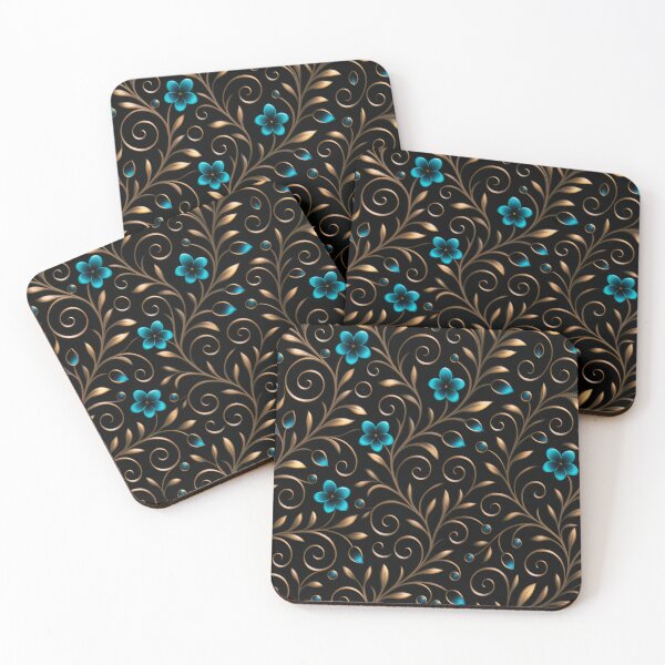 Item preview, Teal and Gold Floral Scrollwork | Seamless Elegant Pattern on Black designed and sold by Juliette Ozkalfayan.