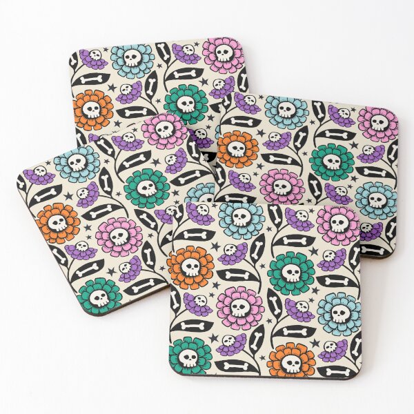 Item preview, Petal and Perish on cream ground - Skull flowers with bones and spooky retro vibes  designed and sold by Helen Bowler Designs.