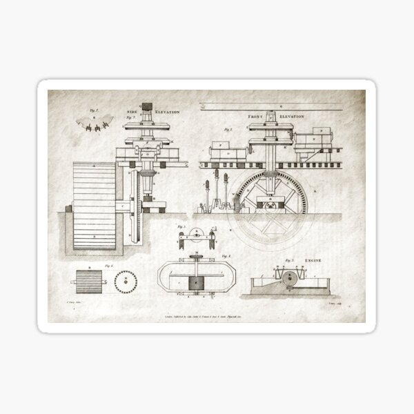 Item preview, Antique Water Wheel Turbine Mechanical Drawing, 1813 designed and sold by PrintsAntiqua.