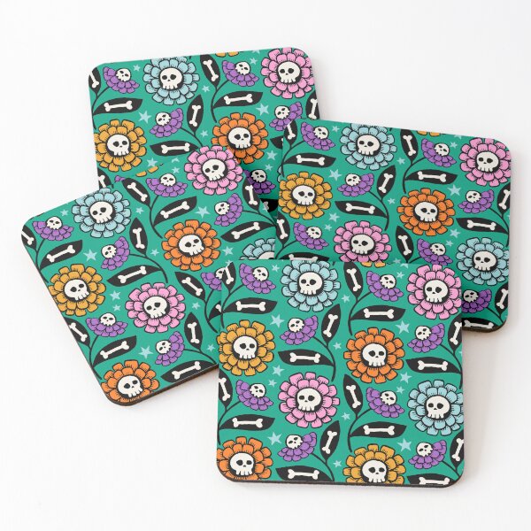 Item preview, Petal and Perish green - Skull flowers with bones and spooky retro vibes designed and sold by Helen Bowler Designs.