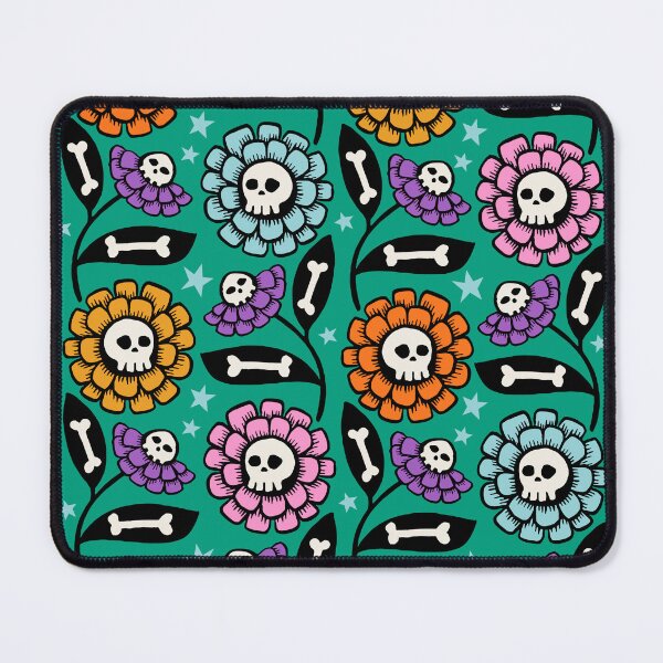 Item preview, Petal and Perish green - Skull flowers with bones and spooky retro vibes designed and sold by Helen Bowler Designs.