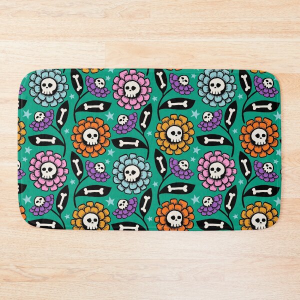 Item preview, Petal and Perish green - Skull flowers with bones and spooky retro vibes designed and sold by Helen Bowler Designs.
