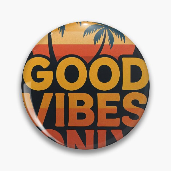 Item preview, 'Good Vibes Only' in bold retro typography with sunset, palm trees, and wave lines, vibrant 80s design designed and sold by Retram.