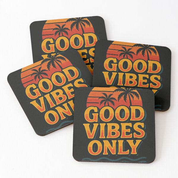 Item preview, 'Good Vibes Only' in bold retro typography with sunset, palm trees, and wave lines, vibrant 80s design designed and sold by Retram.