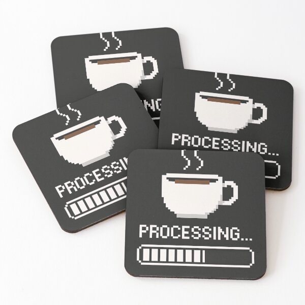 Item preview, Pixel art coffee cup with loading bar that says 'Processing…', tech humor, minimalist graphic designed and sold by Retram.
