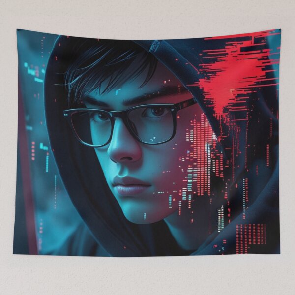 Item preview, Cyberpunk Hacker Portrait with Red Glitch Art designed and sold by Dew's.