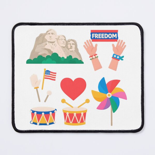 Item preview, Colorful American icons with Mount Rushmore, heart flags, waving hands, freedom symbols, and pinwheels on blue backdrop designed and sold by ArtPetrenko90.