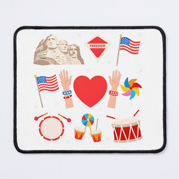 Item preview, USA patriotic icon collection with Rushmore, pinwheels, flags, waving hands, bracelets, and liberty symbols on blue designed and sold by ArtPetrenko90.