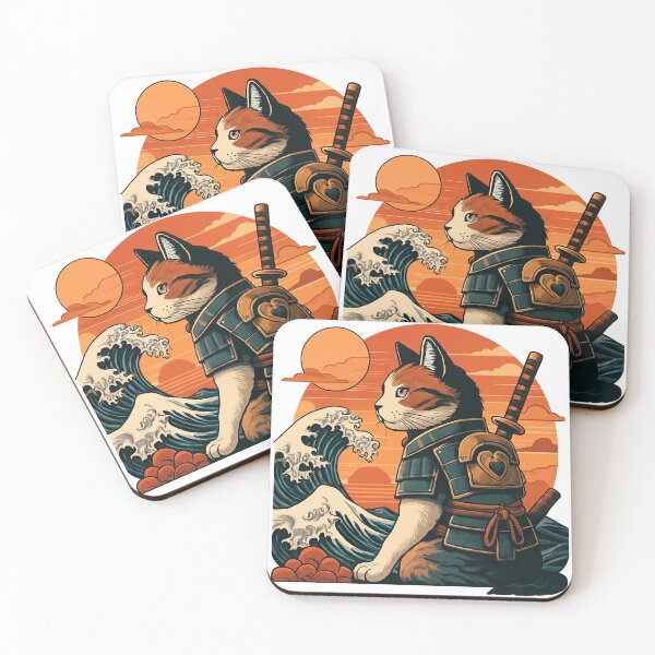 Item preview, Samurai Cat at Sunset with Wave and Armor designed and sold by ArtfulWeave.