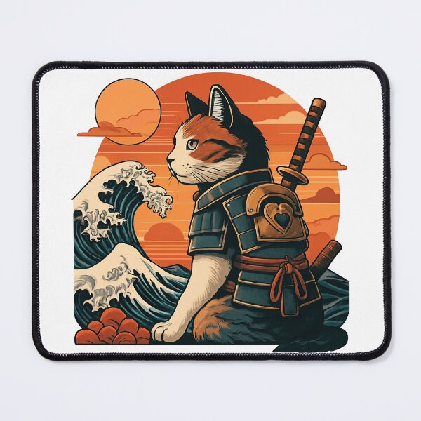 Item preview, Samurai Cat at Sunset with Wave and Armor designed and sold by ArtfulWeave.
