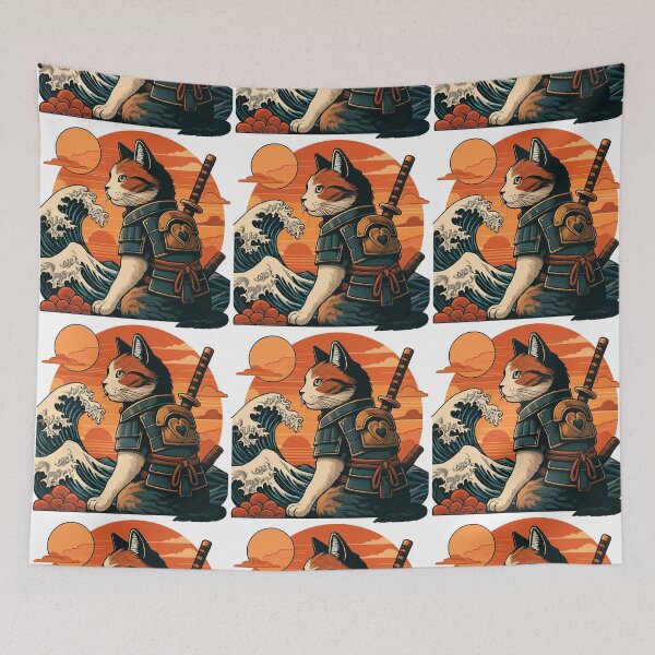 Item preview, Samurai Cat at Sunset with Wave and Armor designed and sold by ArtfulWeave.