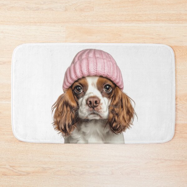 Item preview, Cozy Cavalier King Charles Spaniel dog Wearing Pink Winter Hat Trendy Animal Fashion Artwork designed and sold by LazyOwlStore.